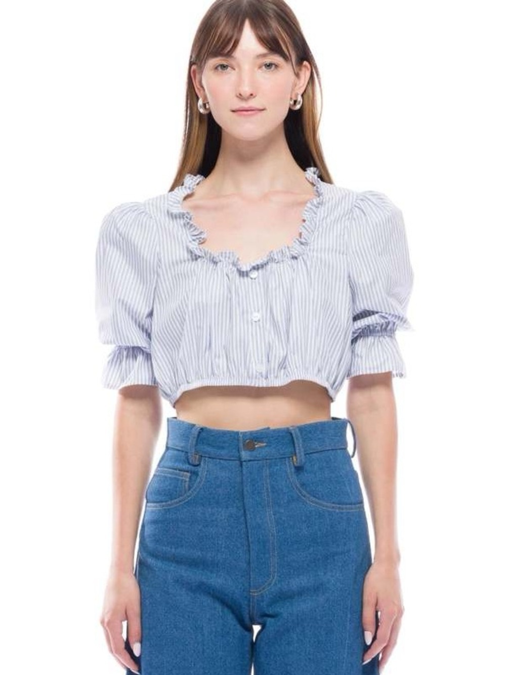 TOIT VOLANT / Striped Blue Cropped Ruffle-Square Neck Top/ Alex /NWT / M/L $141